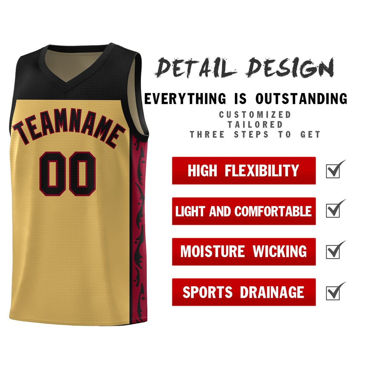 Custom Old Gold Side Pattern Sports Uniform Basketball Jersey
