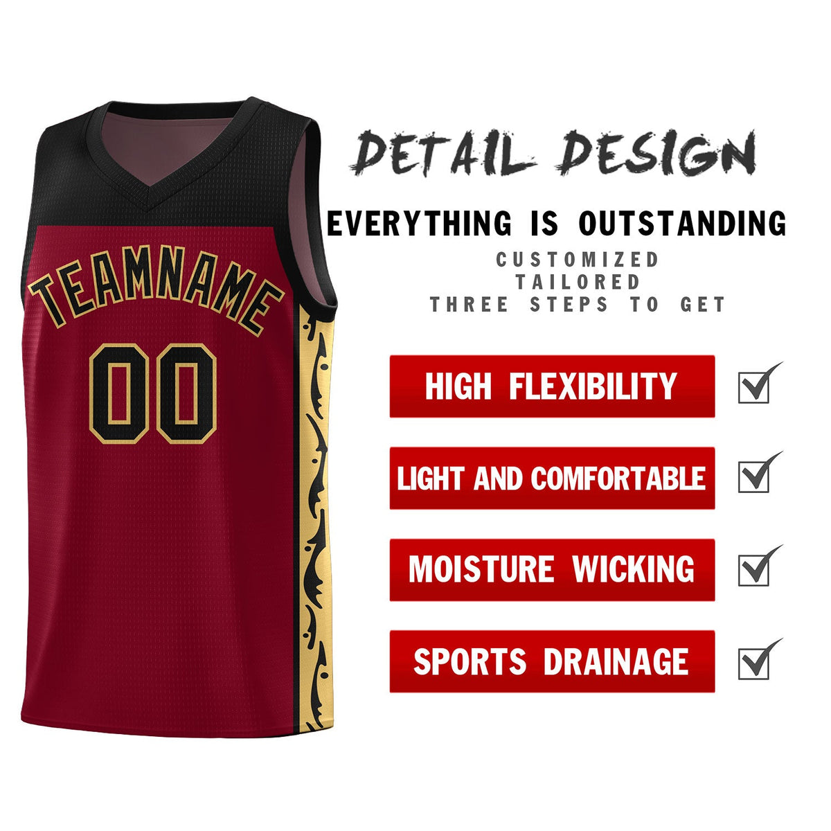 Custom Crimson Side Pattern Sports Uniform Basketball Jersey