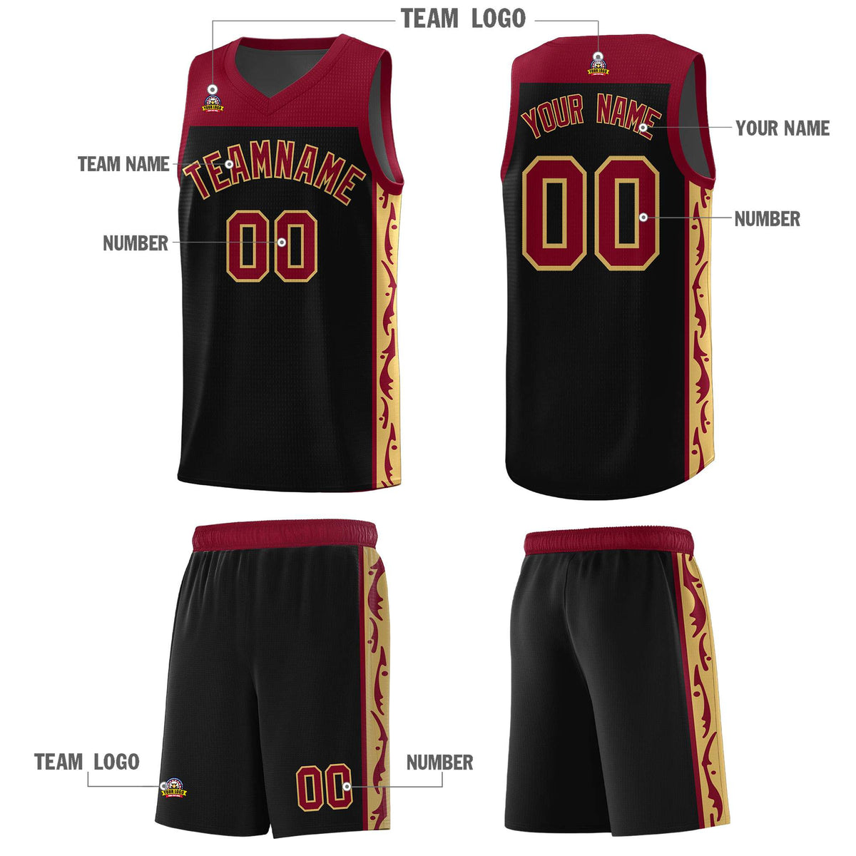 Custom Black Side Pattern Sports Uniform Basketball Jersey