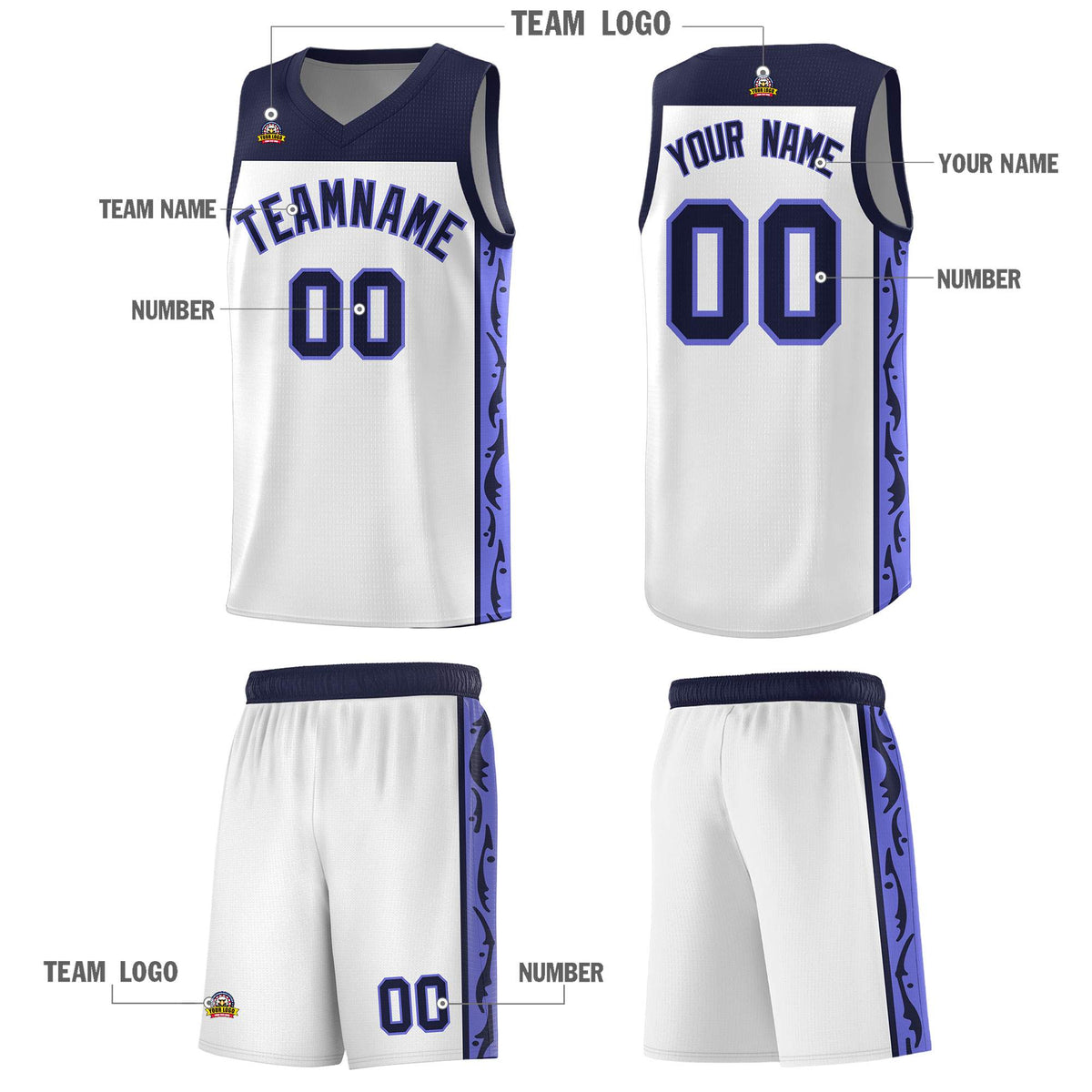 Custom White Side Pattern Sports Uniform Basketball Jersey
