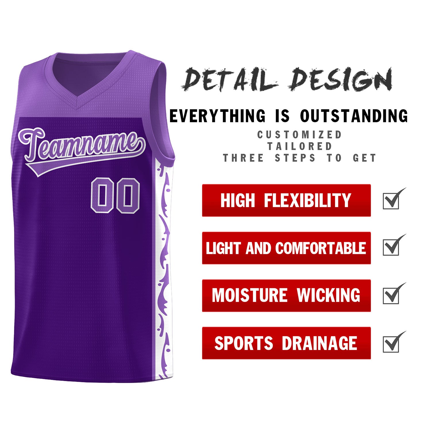 Custom Purple Side Pattern Sports Uniform Basketball Jersey