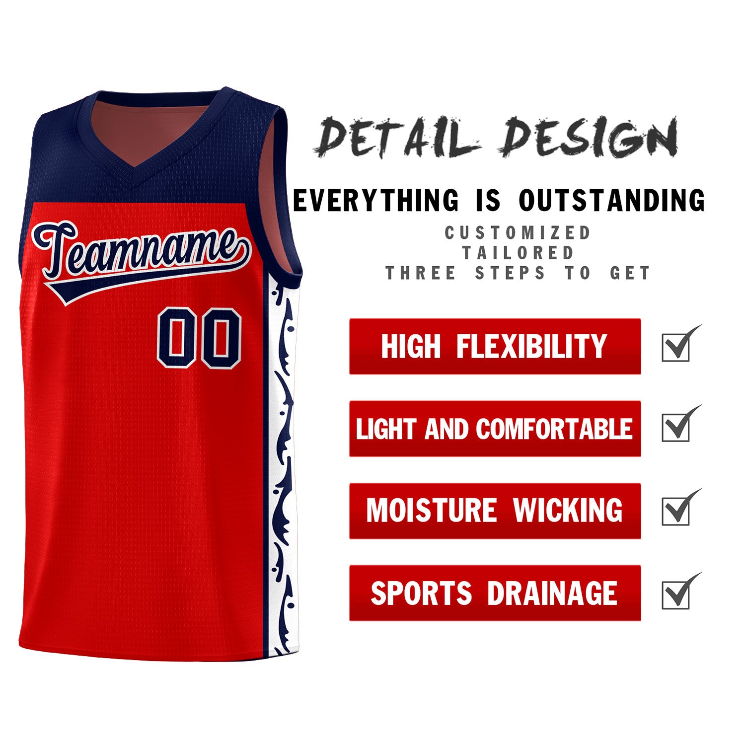Custom Red Side Pattern Sports Uniform Basketball Jersey