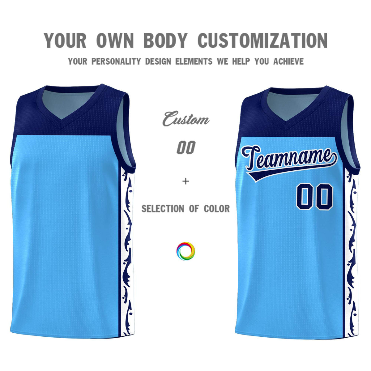 Custom Light Blue Side Pattern Sports Uniform Basketball Jersey