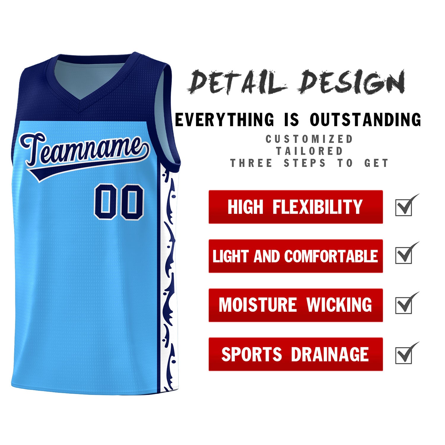 Custom Light Blue Side Pattern Sports Uniform Basketball Jersey