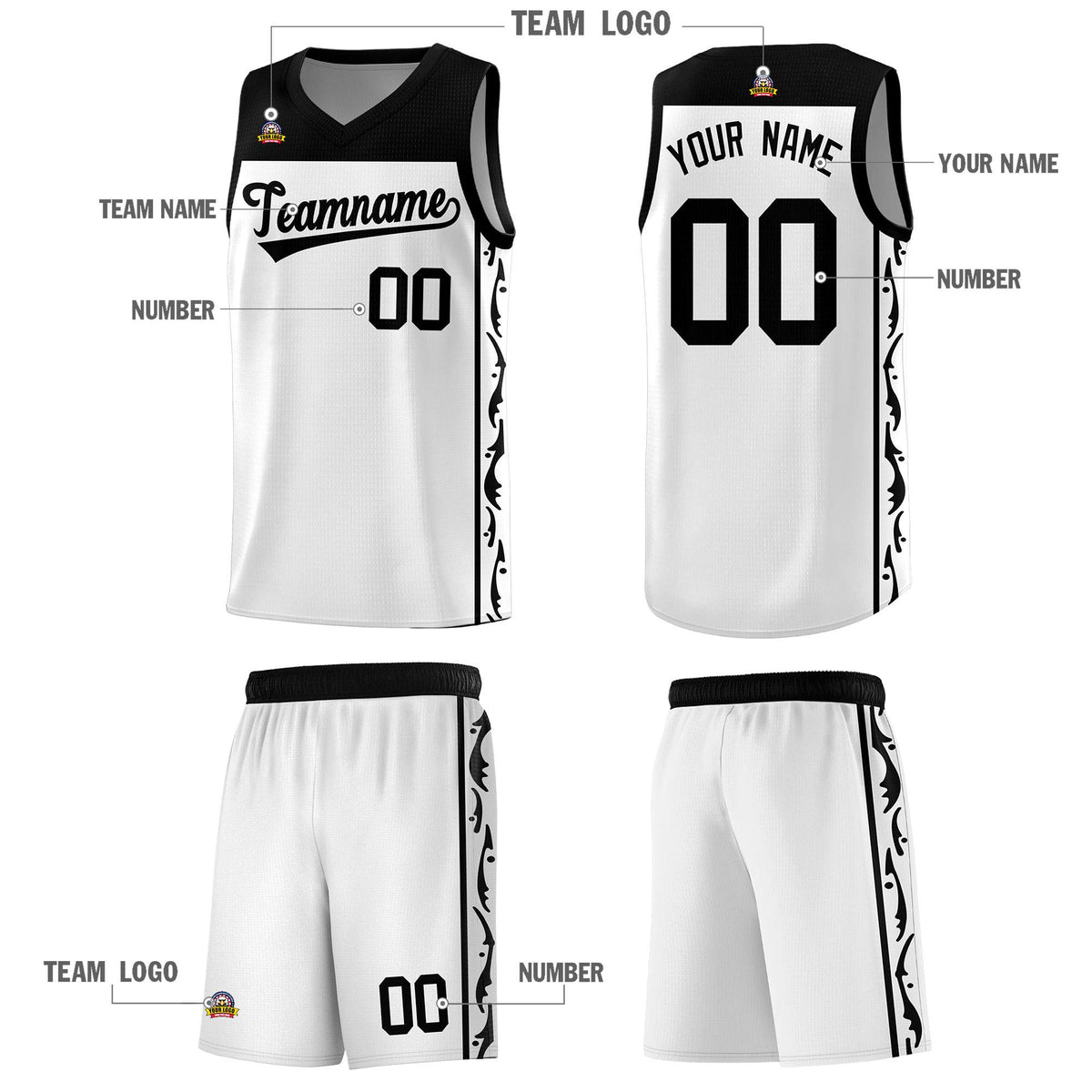 Custom White Side Pattern Sports Uniform Basketball Jersey