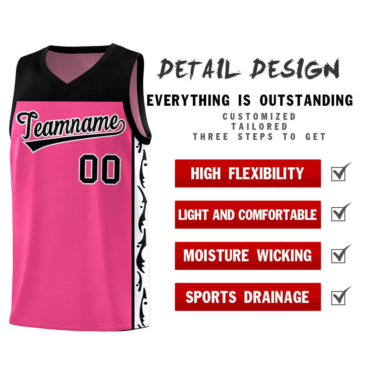 Custom Pink Side Pattern Sports Uniform Basketball Jersey