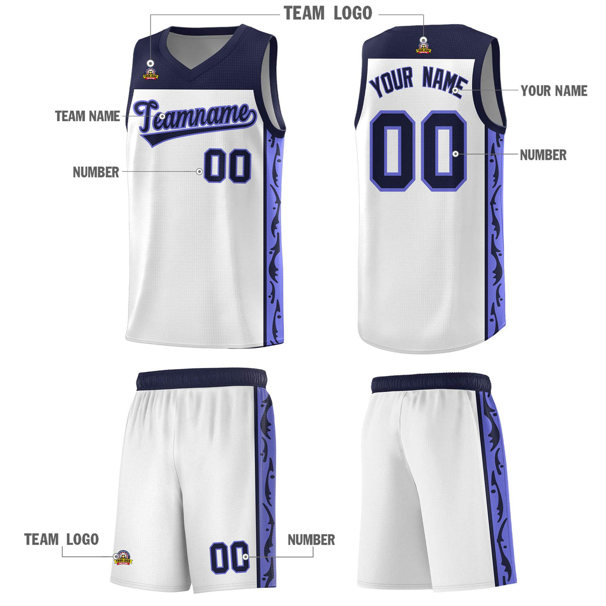 Custom White Side Pattern Sports Uniform Basketball Jersey
