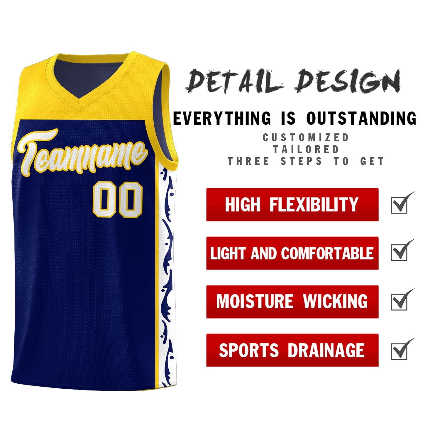 Custom Navy Side Pattern Sports Uniform Basketball Jersey