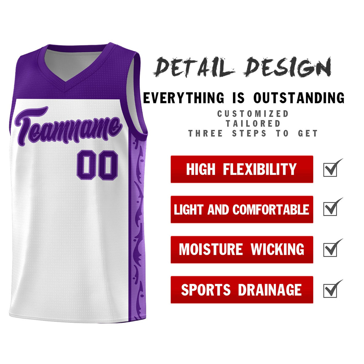 Custom White Side Pattern Sports Uniform Basketball Jersey