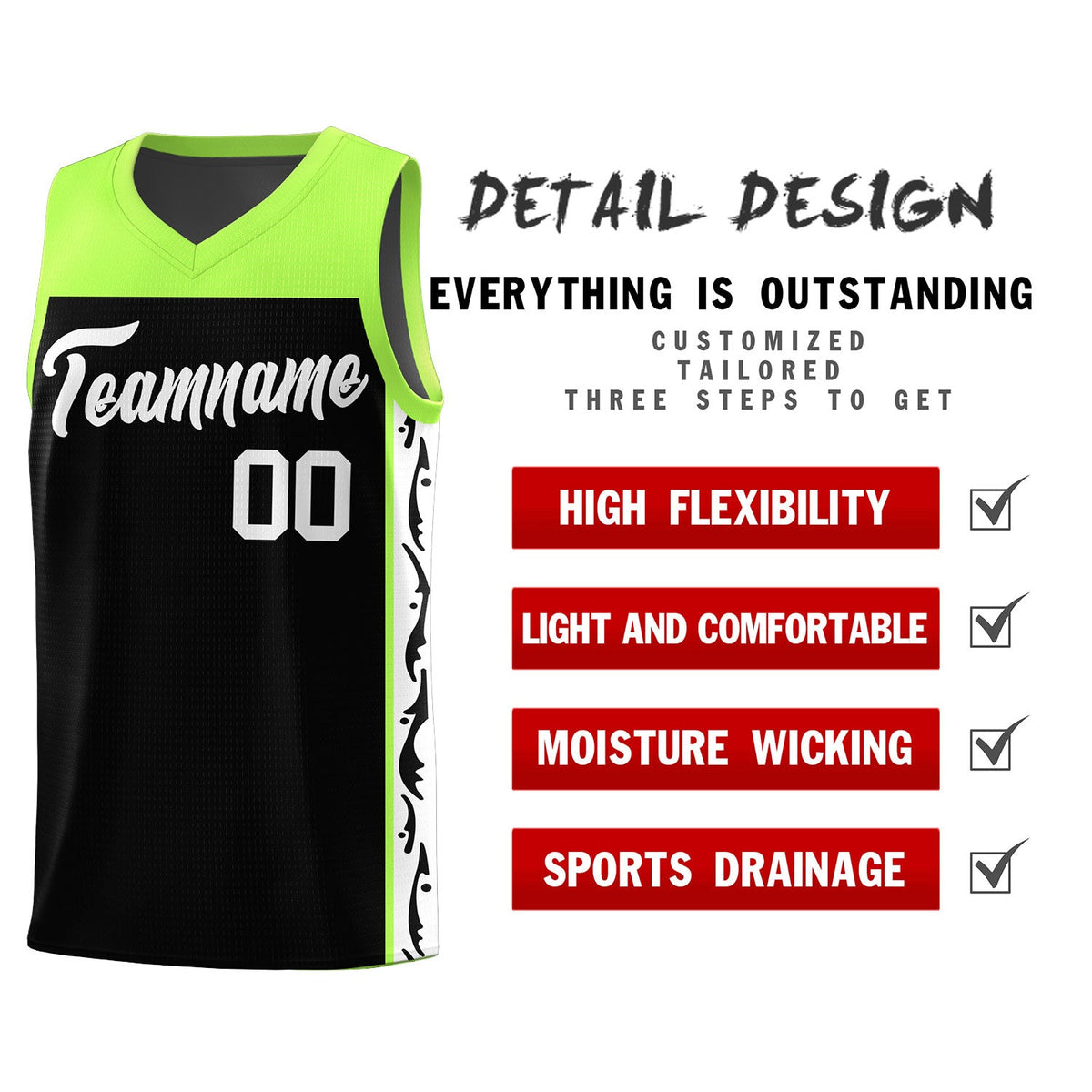 Custom Black Side Pattern Sports Uniform Basketball Jersey