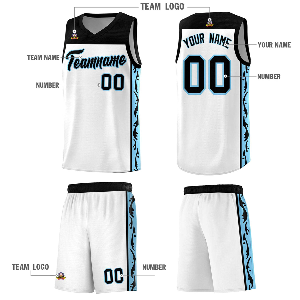 Custom White Side Pattern Sports Uniform Basketball Jersey