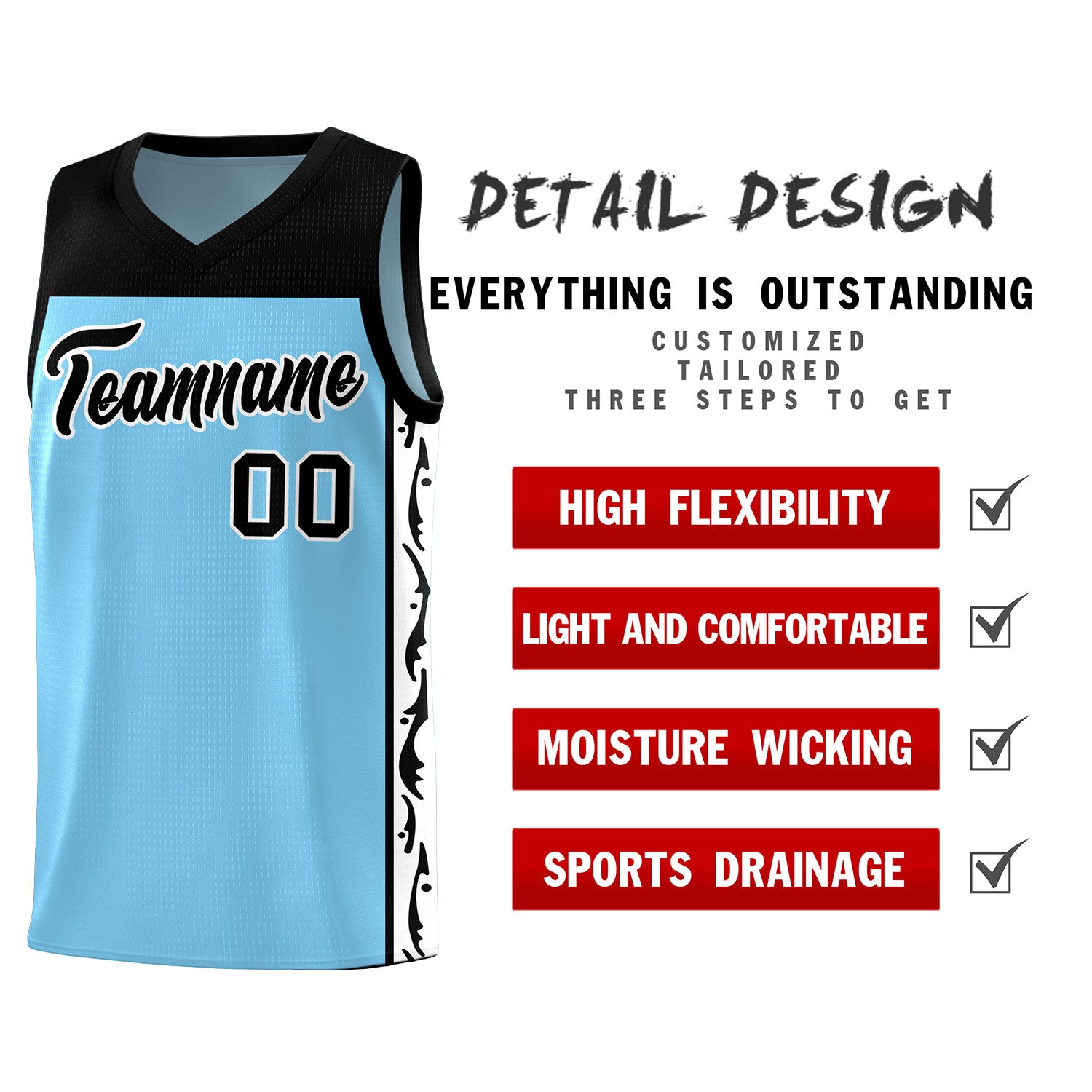 Custom Light Blue Side Pattern Sports Uniform Basketball Jersey