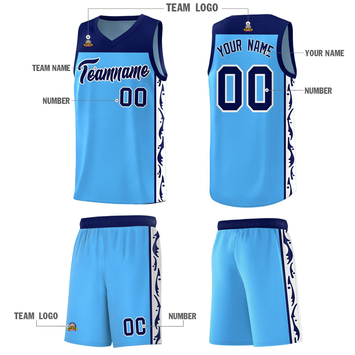 Custom Light Blue Side Pattern Sports Uniform Basketball Jersey