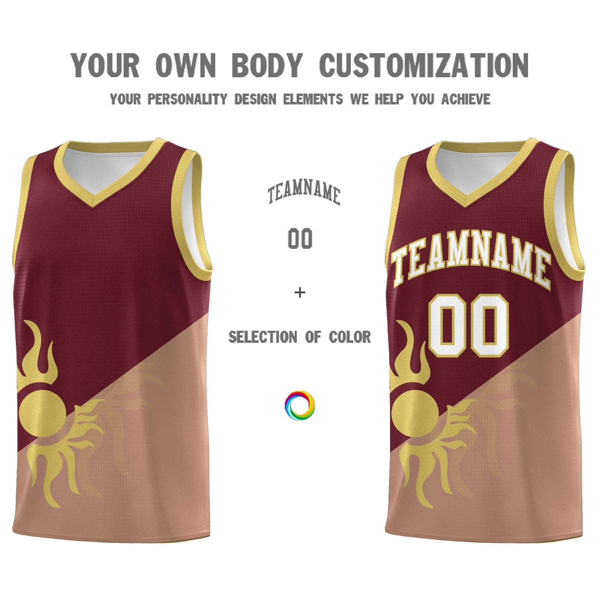 Custom Youth Basketball Jerseys - Maroon Coffee Radiant Sun Design Two Tone Uniforms