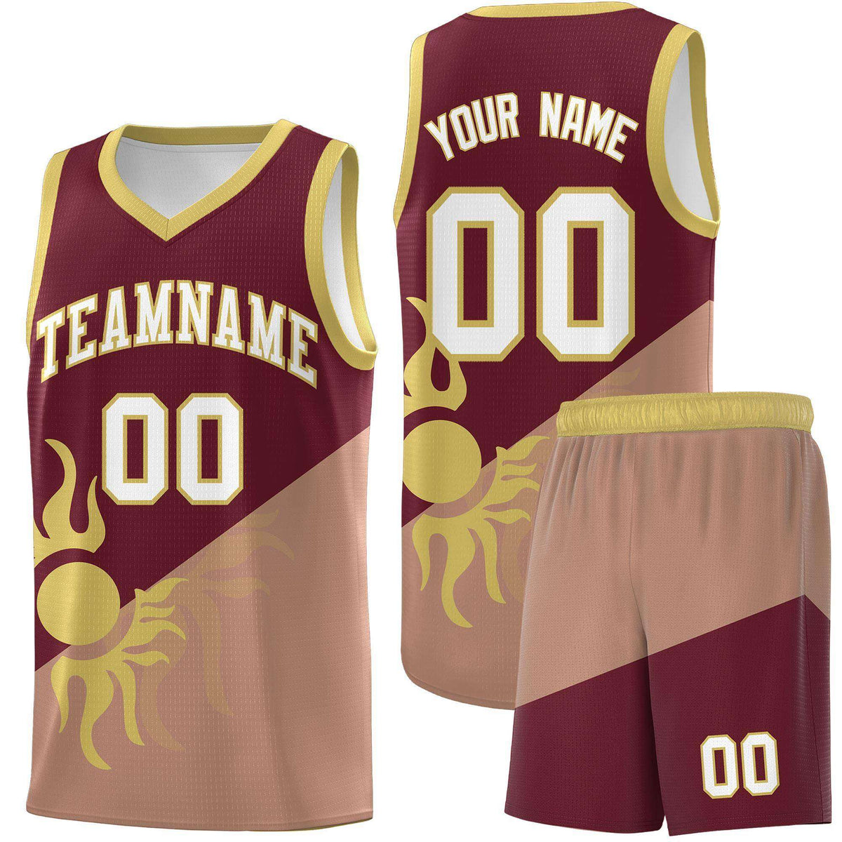 Custom Youth Basketball Jerseys - Maroon Coffee Radiant Sun Design Two Tone Uniforms