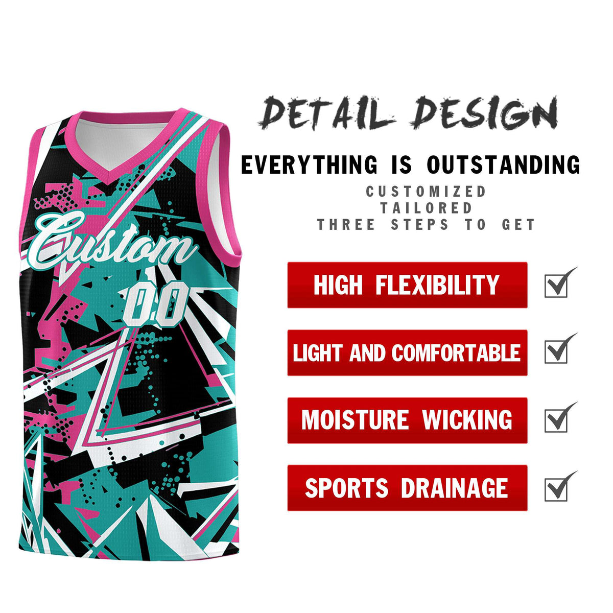 Custom Youth Basketball Jerseys Aqua Rose Red Abstract Graffiti Urban Style Personalized Uniform