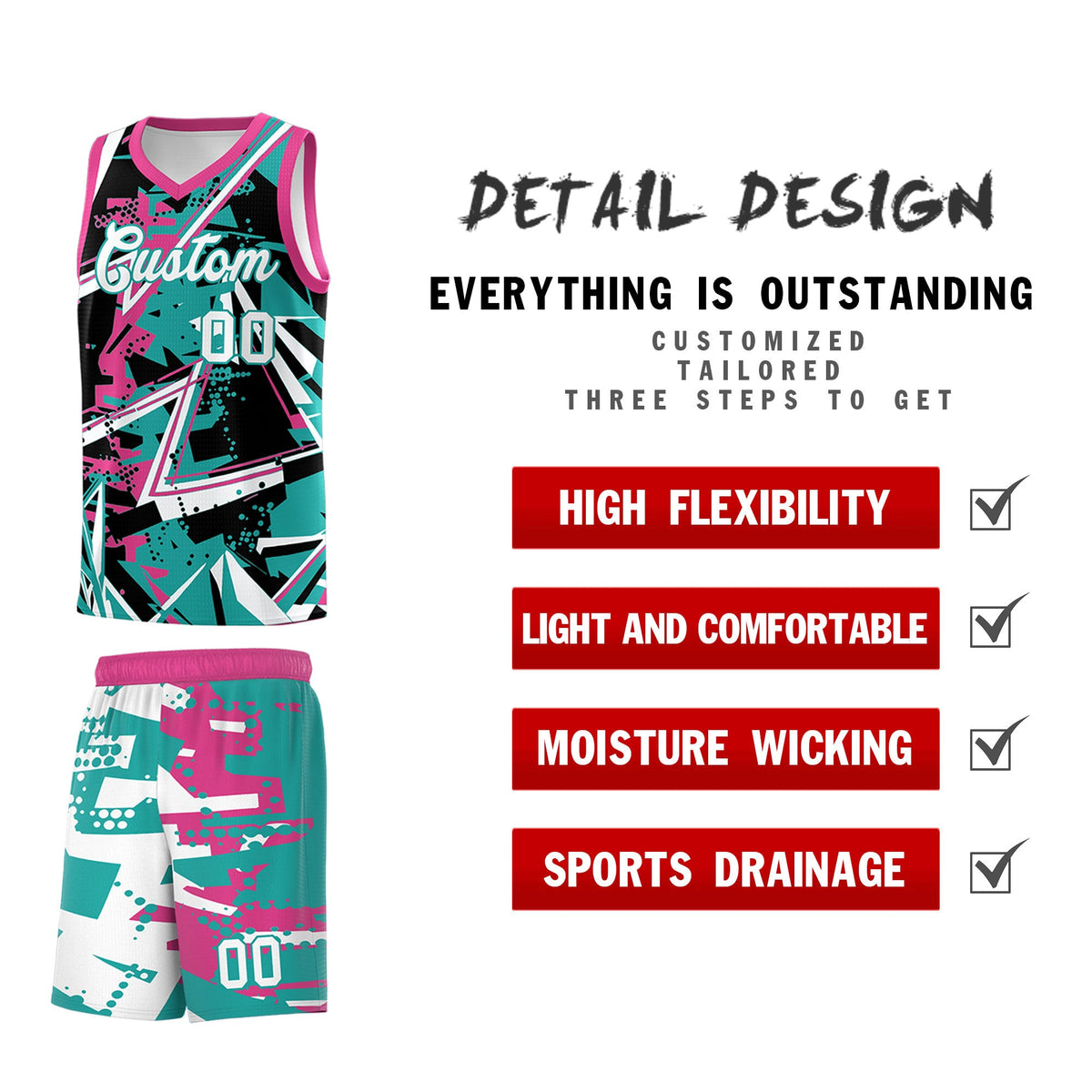 Custom Youth Basketball Jerseys Aqua Rose Red Abstract Graffiti Urban Style Personalized Uniform