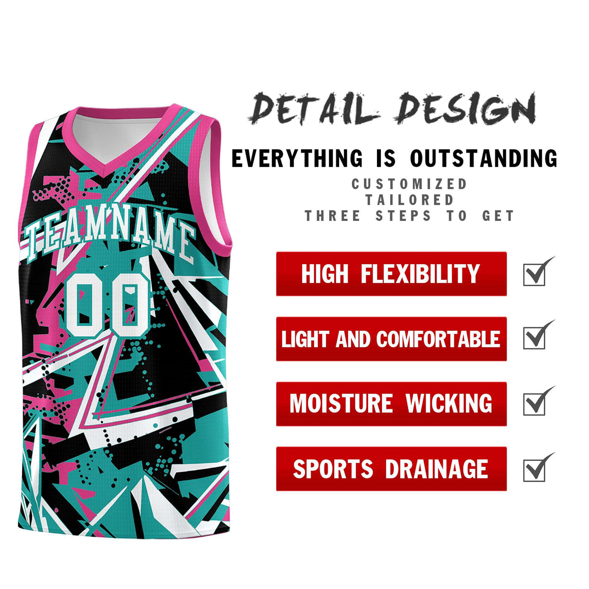 Custom Youth Basketball Jerseys Aqua Rose Red Abstract Graffiti Urban Style Personalized Uniform