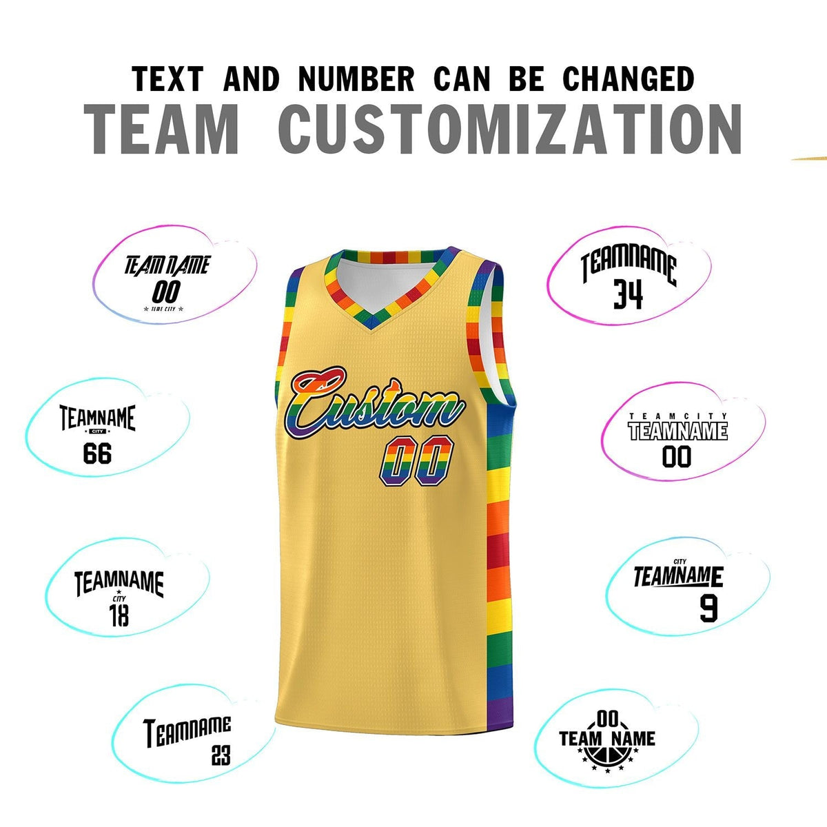 Custom Old Gold LGBT Rainbow For Pride Month Sports Uniform Basketball Jersey