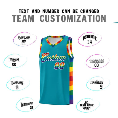 Custom Aqua LGBT Rainbow For Pride Month Sports Uniform Basketball Jersey