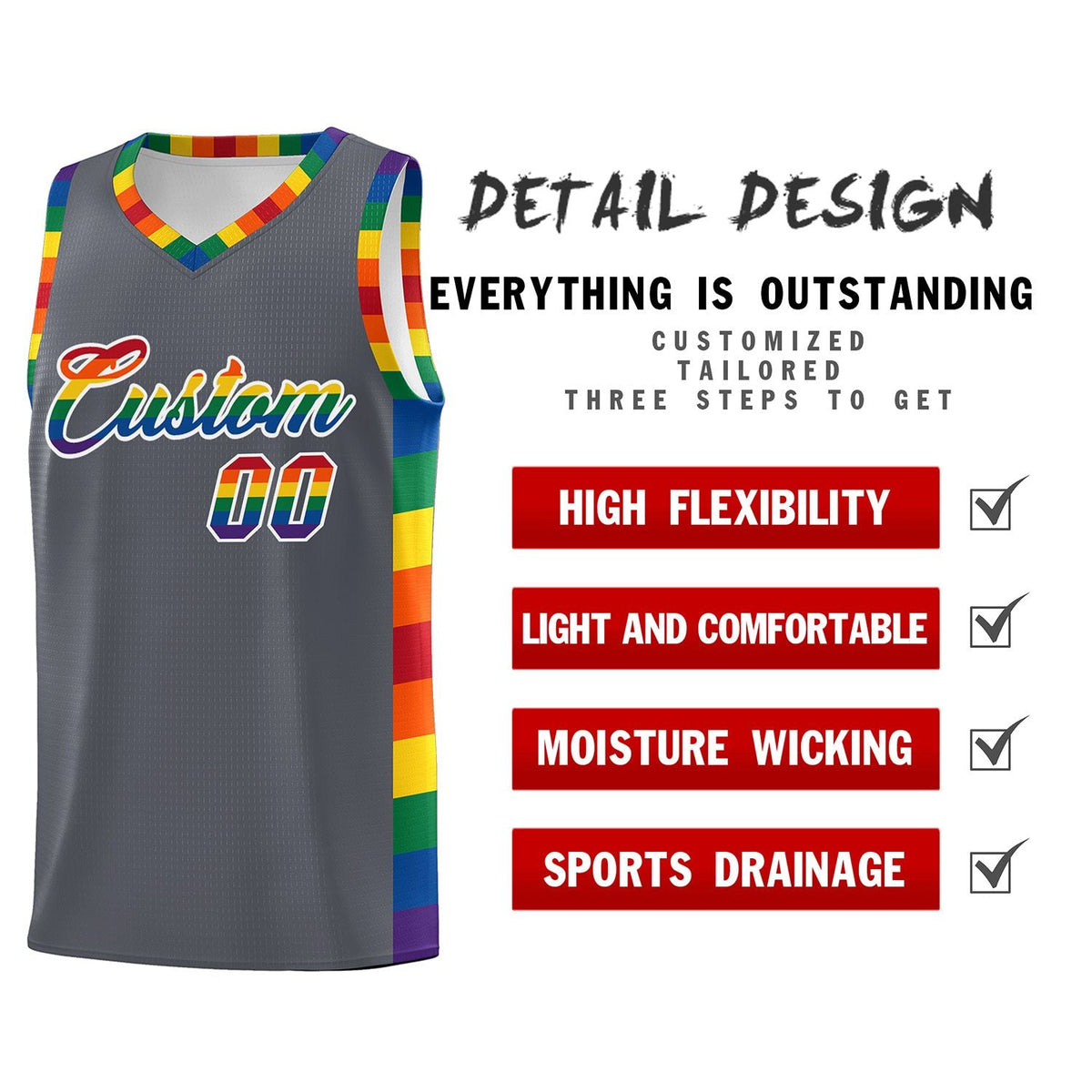 Custom Dark Gray LGBT Rainbow For Pride Month Sports Uniform Basketball Jersey