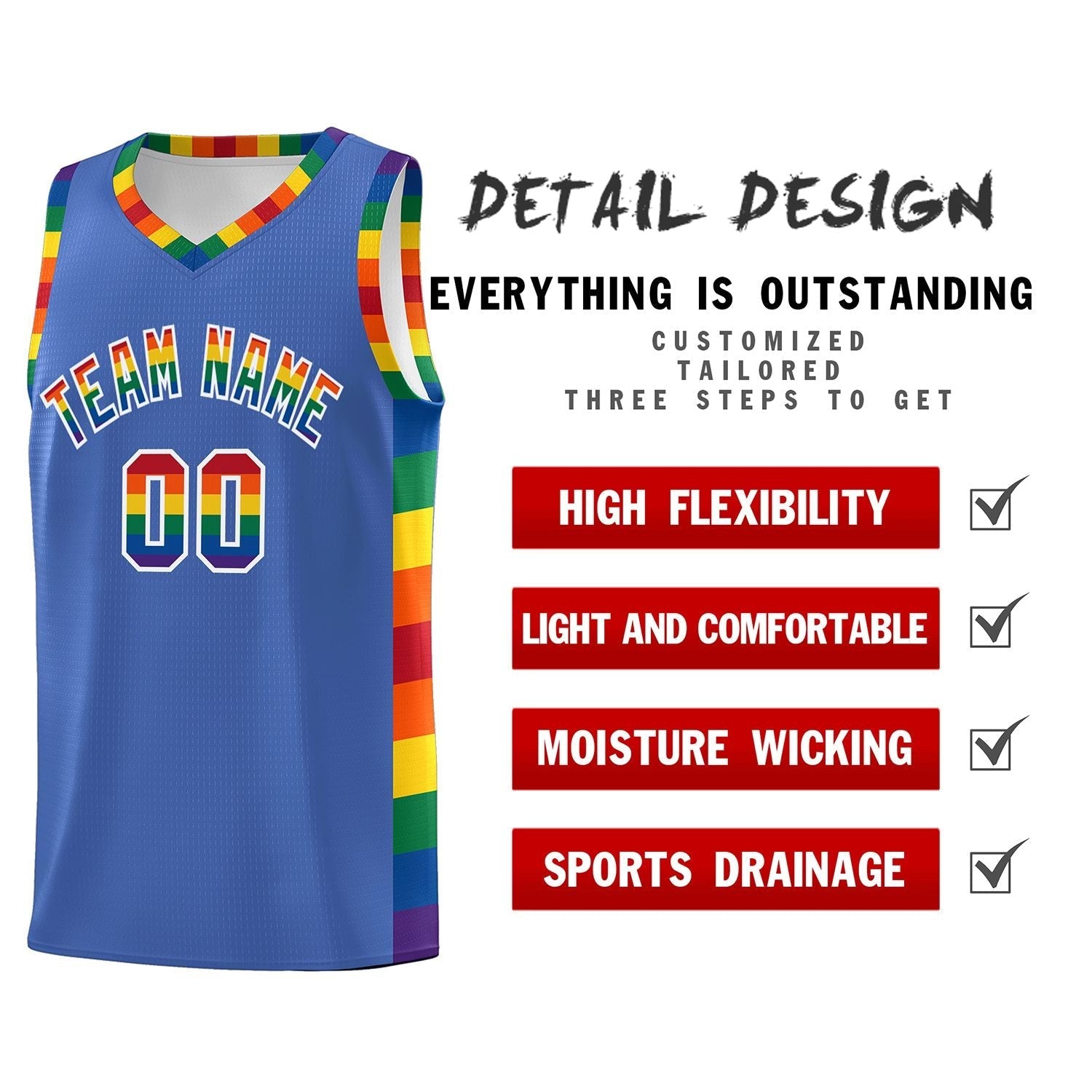 Custom Blue LGBT Rainbow For Pride Month Sports Uniform Basketball Jersey