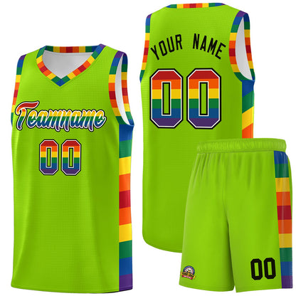 Custom Neon Green LGBT Rainbow For Pride Month Sports Uniform Basketball Jersey