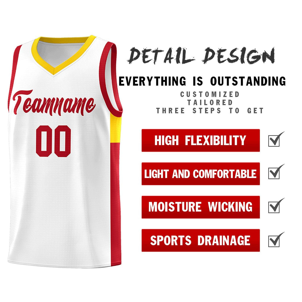 Custom White Red Side Two-Tone Classic Sports Uniform Basketball Jersey