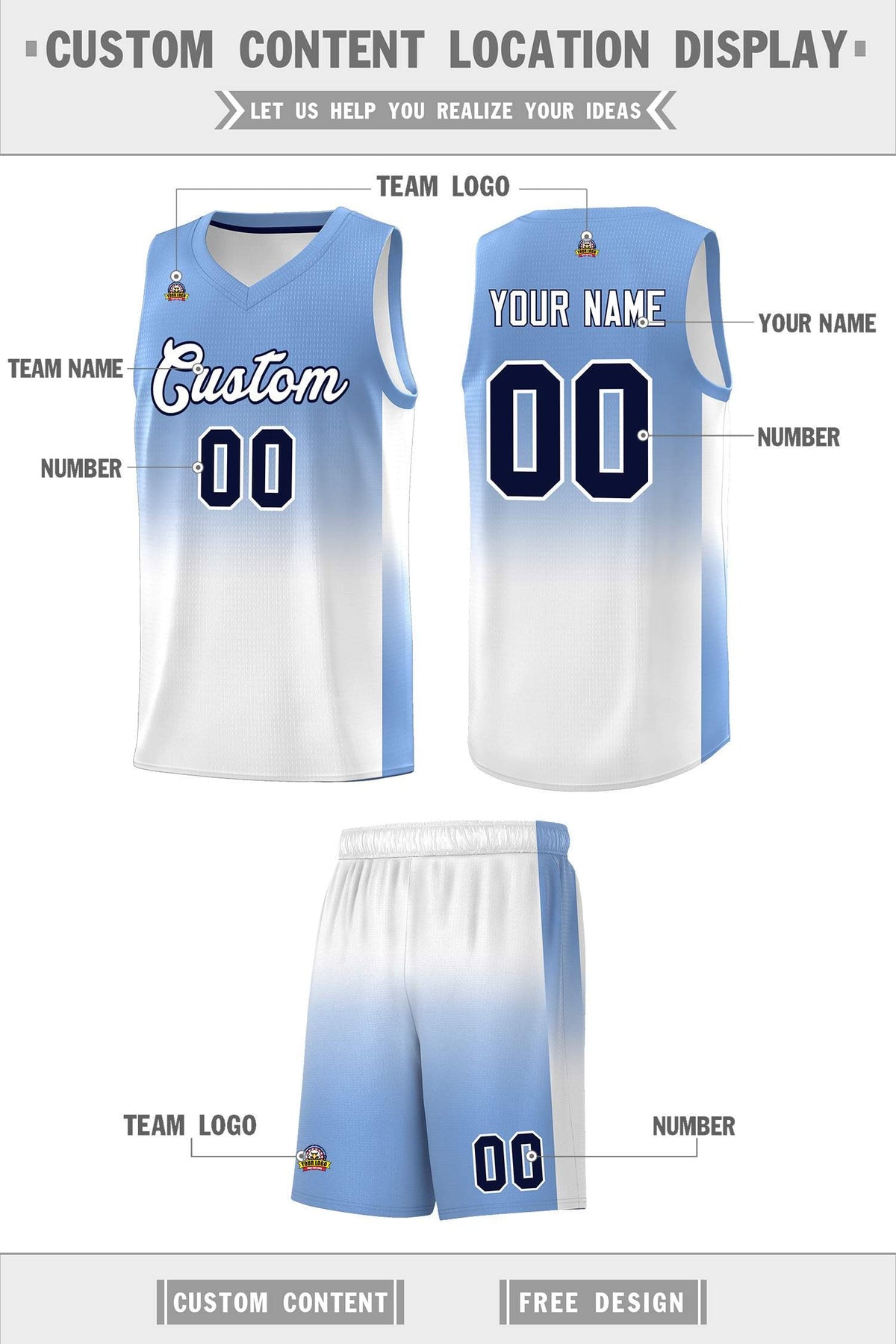 Custom Light Blue White Gradient Fashion Sets Sports Uniform Basketball Jersey