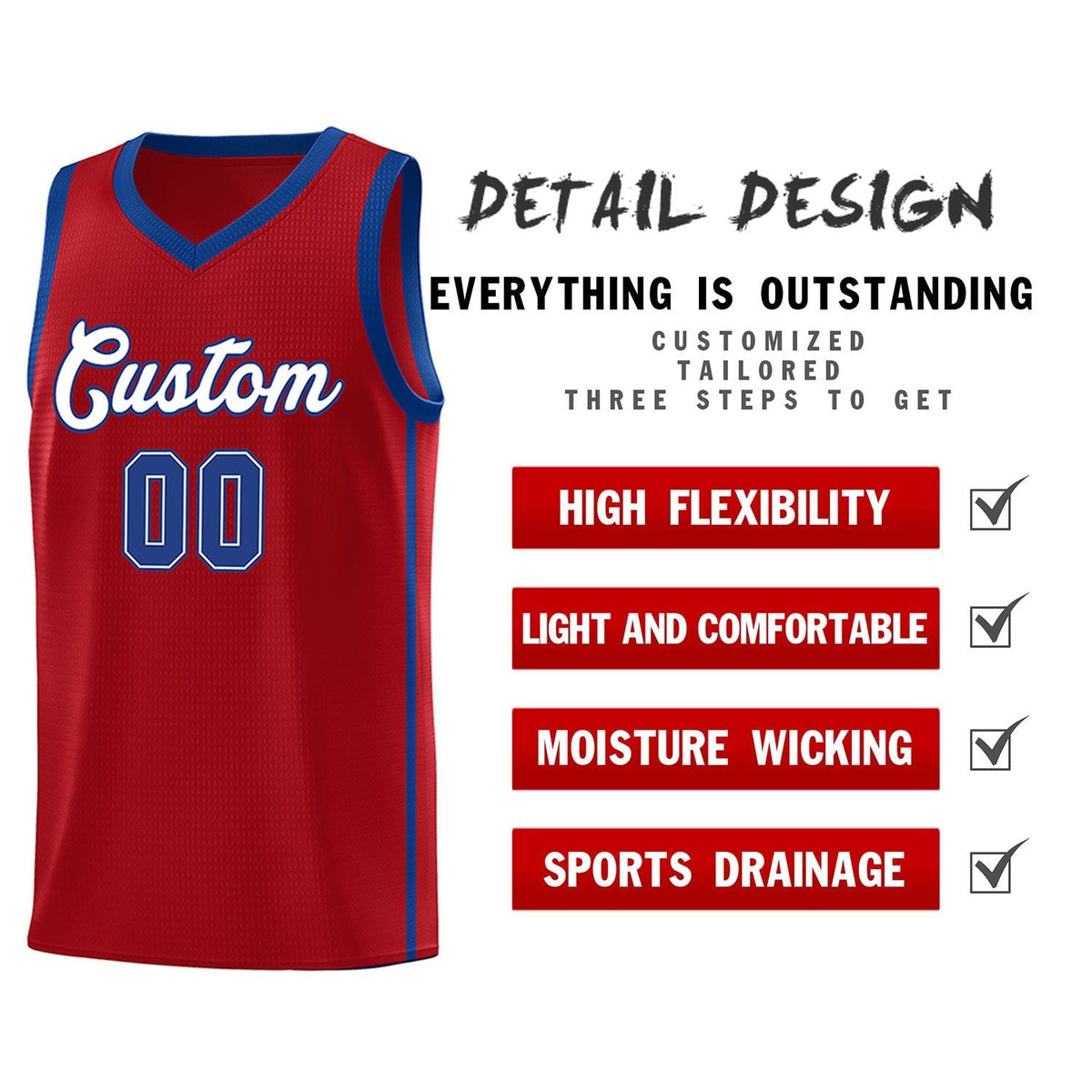 Custom Red White-Royal Side Two Bars Sports Uniform Basketball Jersey