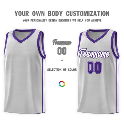 Custom Gray White-Purple Side Two Bars Sports Uniform Basketball Jersey