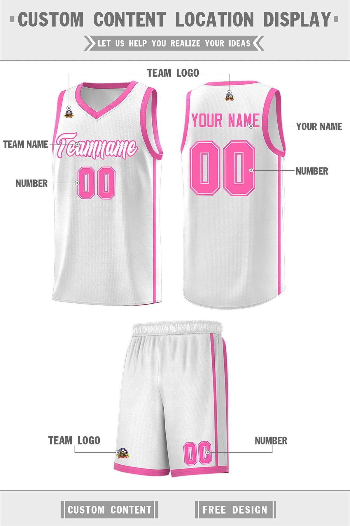 Custom White Pink Side Two Bars Sports Uniform Basketball Jersey