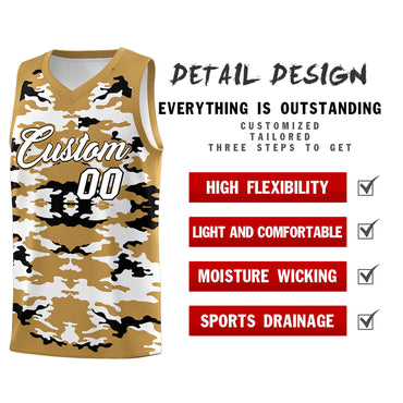 Custom Old Gold Black-White Personalized Camo Sets Sports Uniform Basketball Jersey