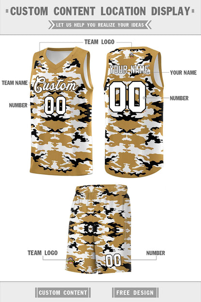 Custom Old Gold Black-White Personalized Camo Sets Sports Uniform Basketball Jersey