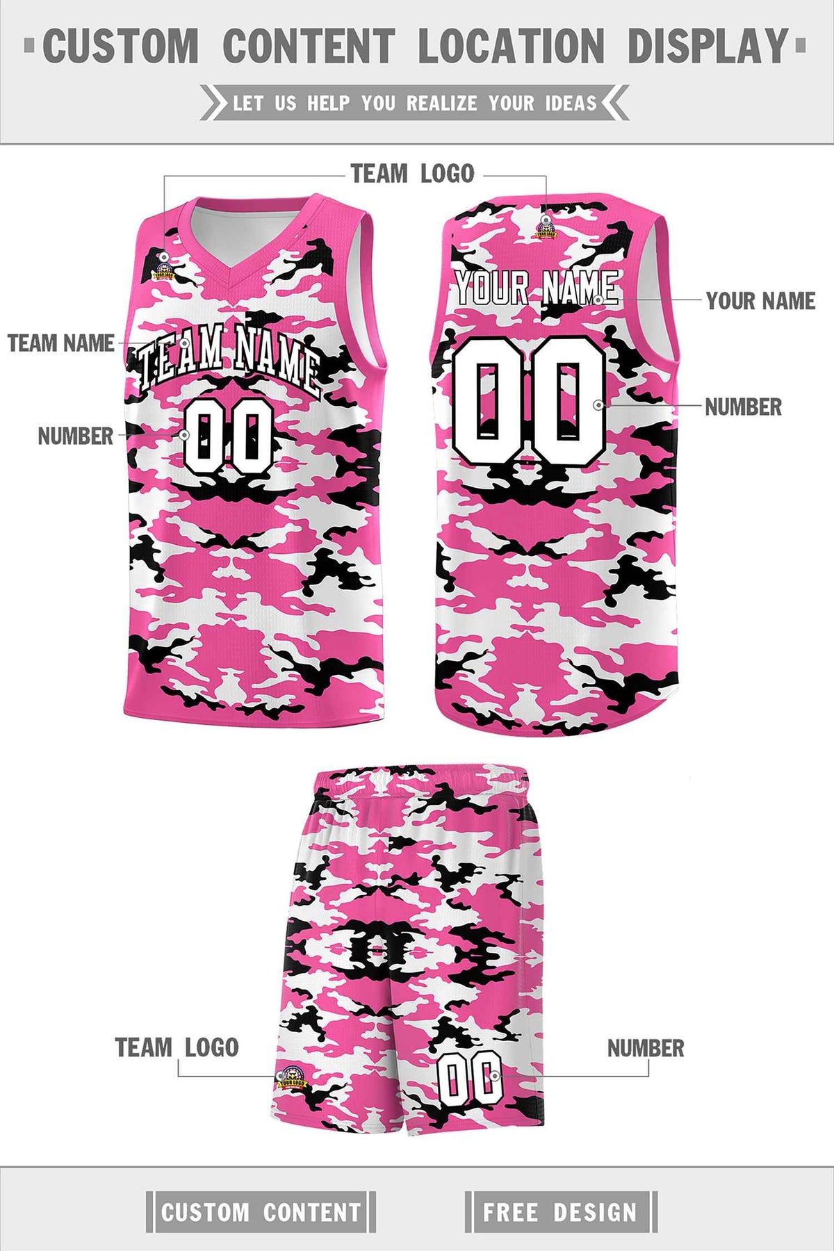 Custom Pink Black-White Personalized Camo Sets Sports Uniform Basketball Jersey