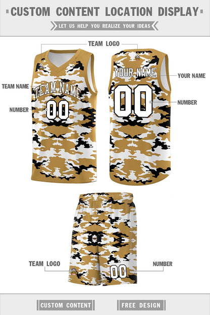 Custom Old Gold Black-White Personalized Camo Sets Sports Uniform Basketball Jersey