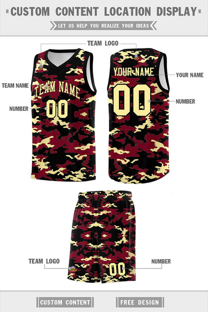 Custom Crimson Black-Khaki Personalized Camo Sets Sports Uniform Basketball Jersey