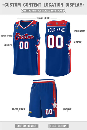 Custom Royal Red Star Graffiti Pattern Sports Uniform Basketball Jersey