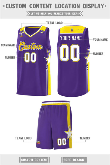 Custom Purple Gold Star Graffiti Pattern Sports Uniform Basketball Jersey