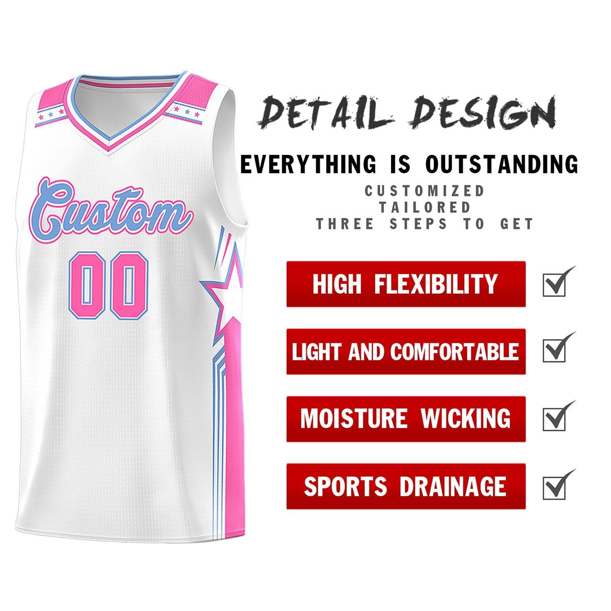 Custom White Light Blue Star Graffiti Pattern Sports Uniform Basketball Jersey