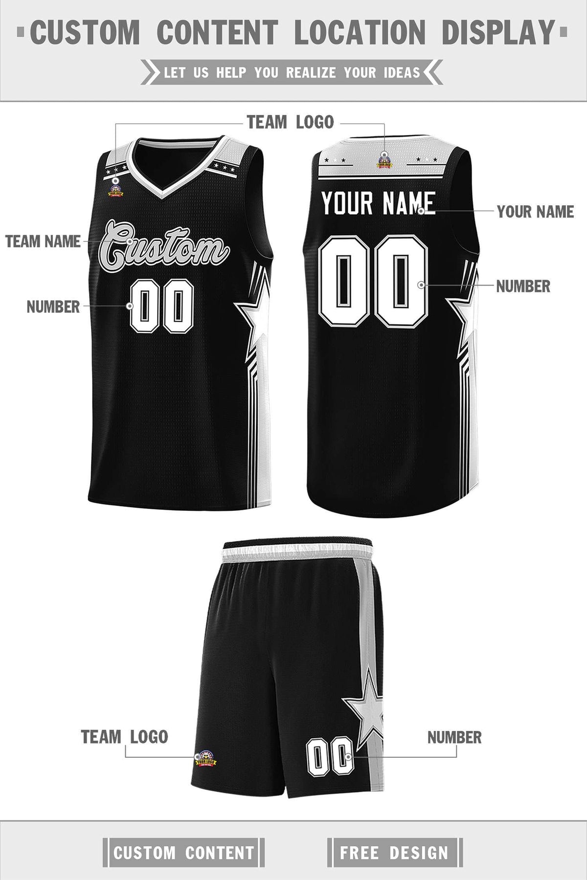 Custom Black Gray Star Graffiti Pattern Sports Uniform Basketball Jersey