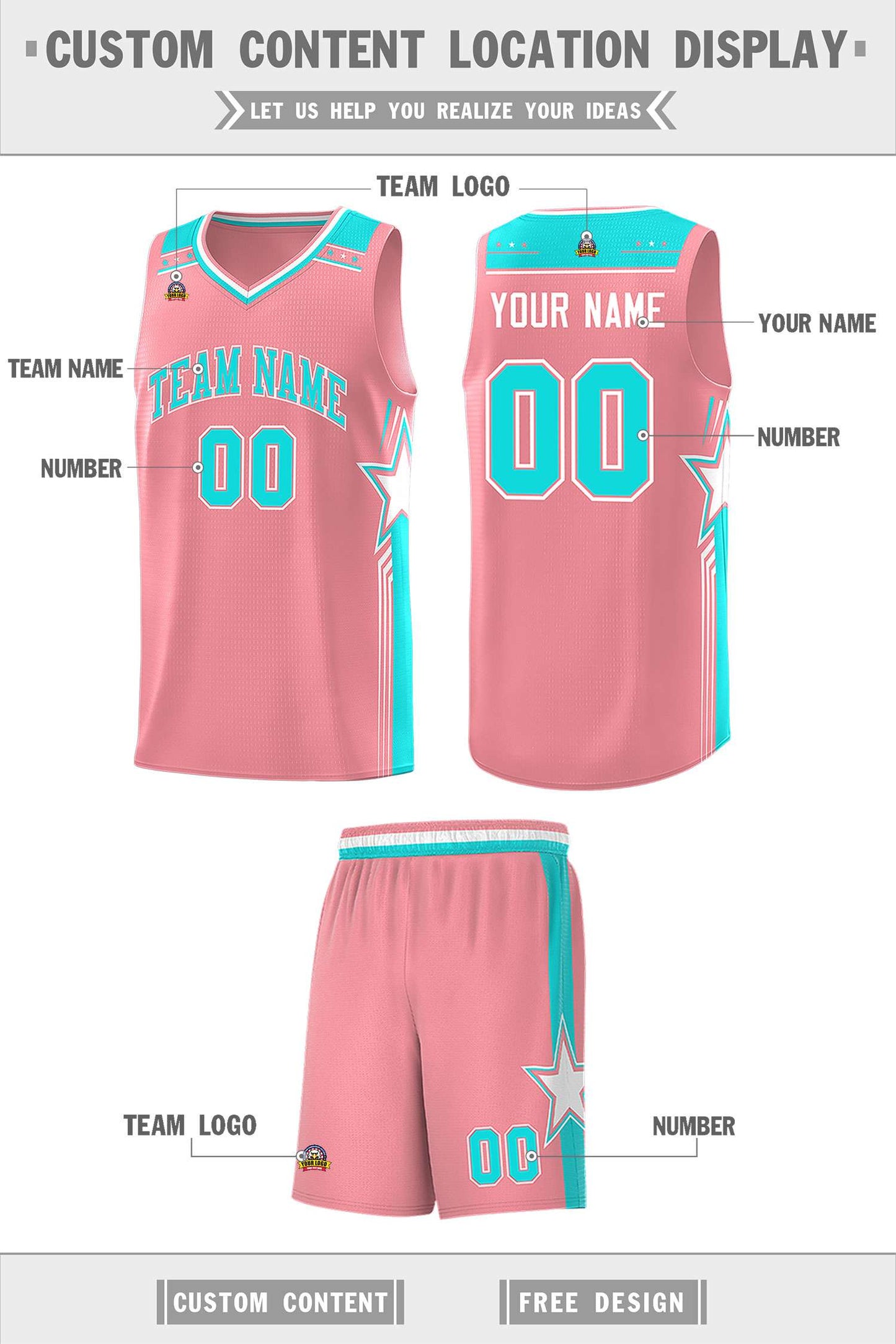 Custom Light Pink Aqua Star Graffiti Pattern Sports Uniform Basketball Jersey