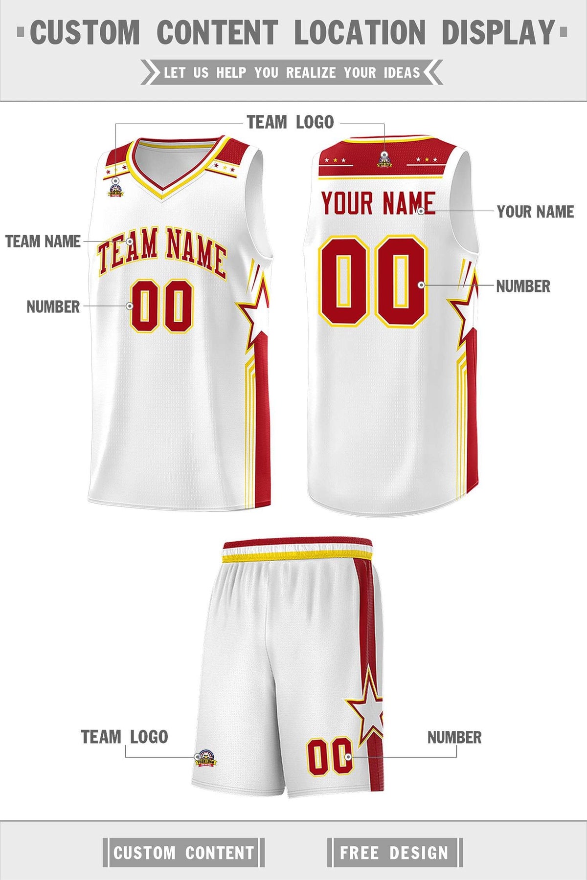 Custom White Red Star Graffiti Pattern Sports Uniform Basketball Jersey
