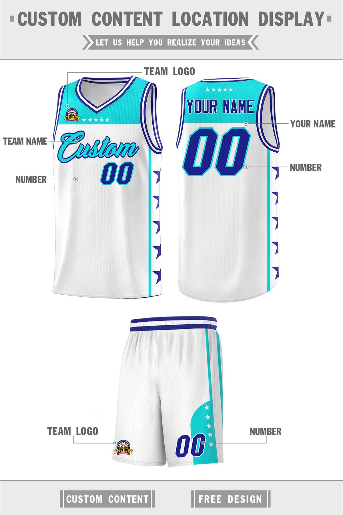 Custom White Sky Blue Color Block Sets Sports Uniform Basketball Jersey