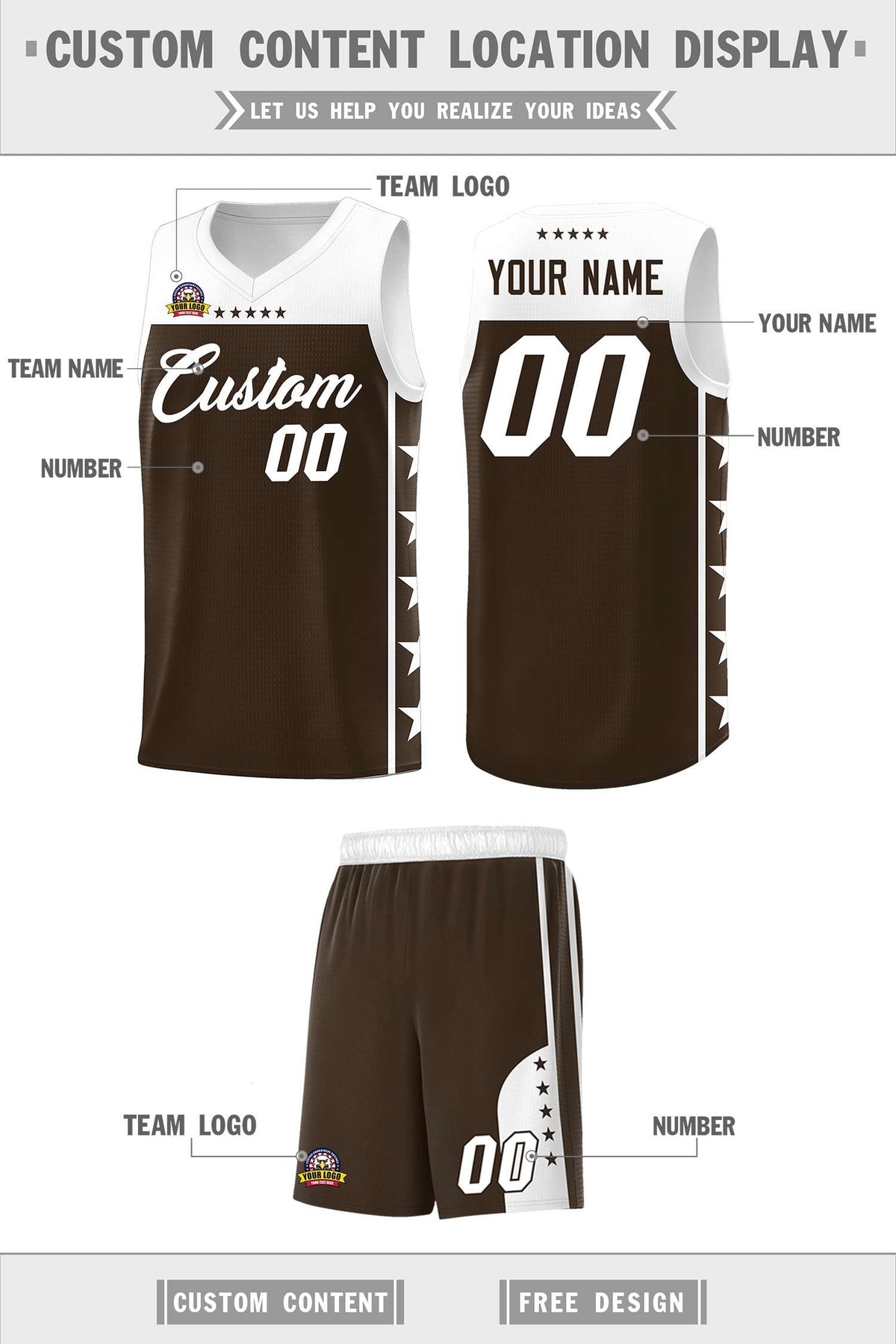 Custom Brown White Color Block Sets Sports Uniform Basketball Jersey
