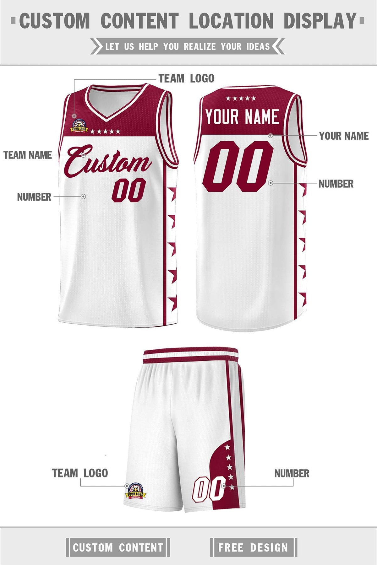 Custom White Crimson Color Block Sets Sports Uniform Basketball Jersey