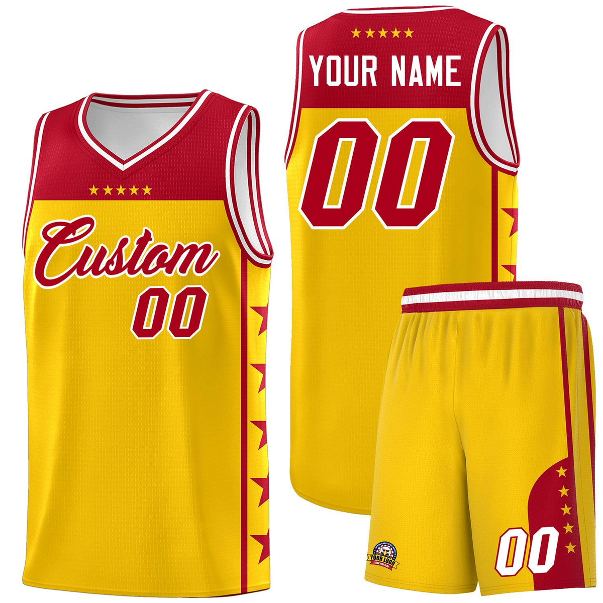 Custom Gold Red Color Block Sets Sports Uniform Basketball Jersey