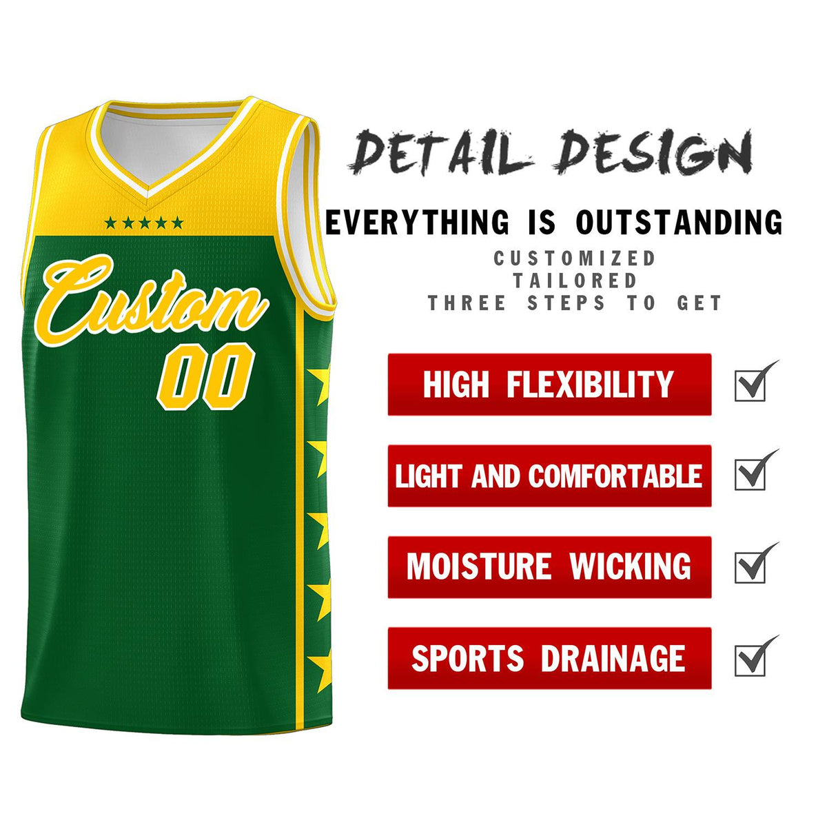 Custom Kelly Green Yellow Color Block Sets Sports Uniform Basketball Jersey