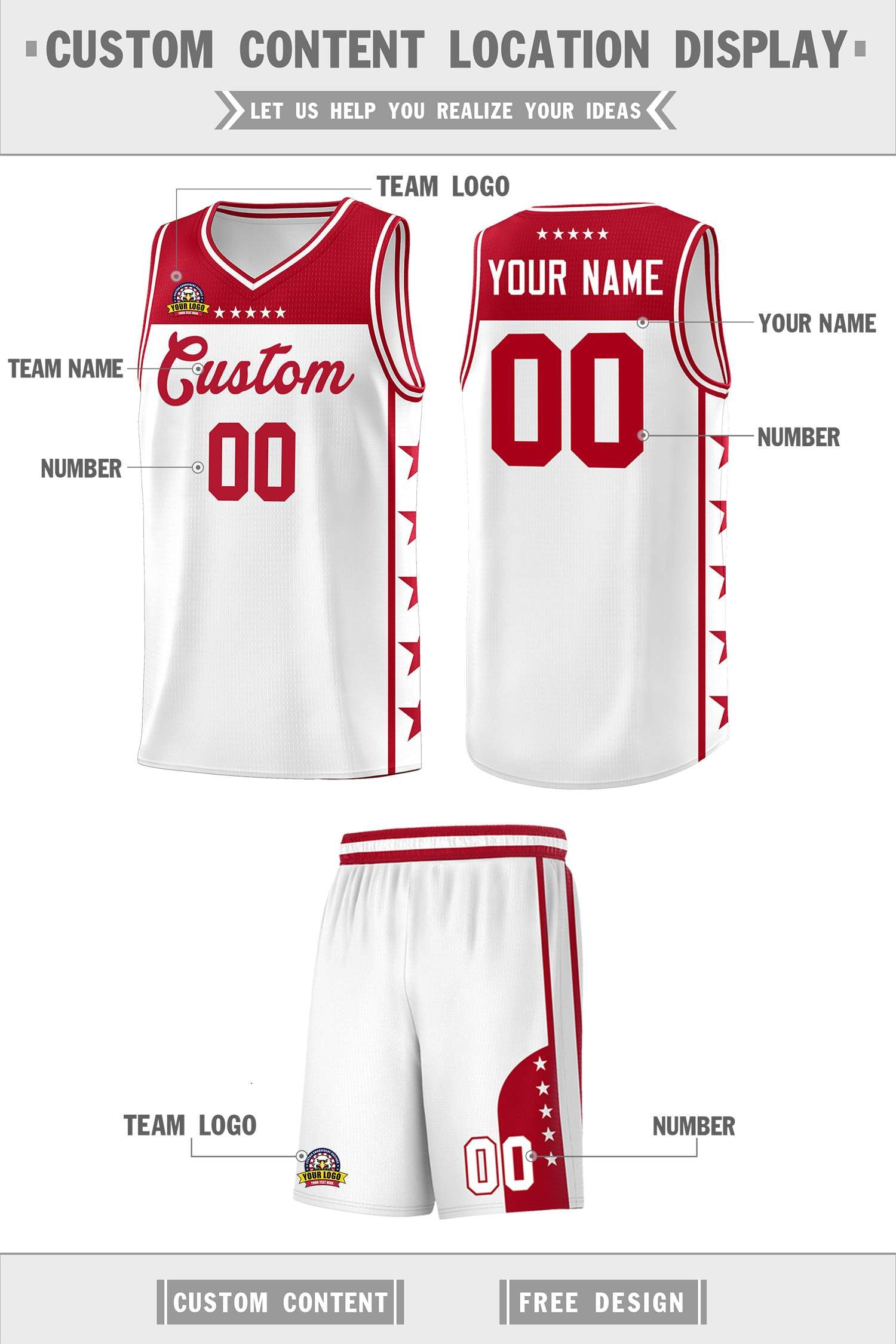 Custom White Red Color Block Sets Sports Uniform Basketball Jersey