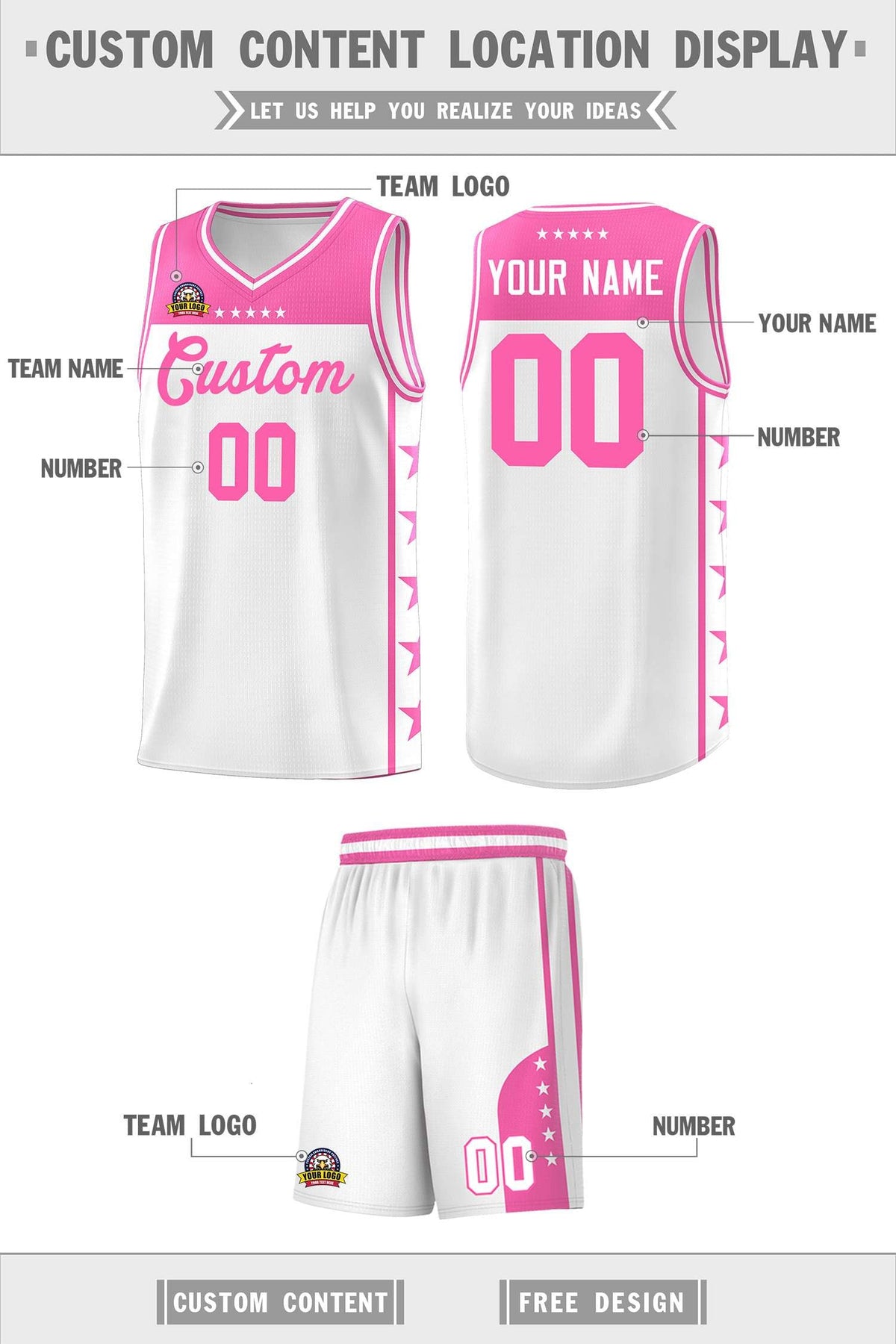 Custom White Pink Color Block Sets Sports Uniform Basketball Jersey